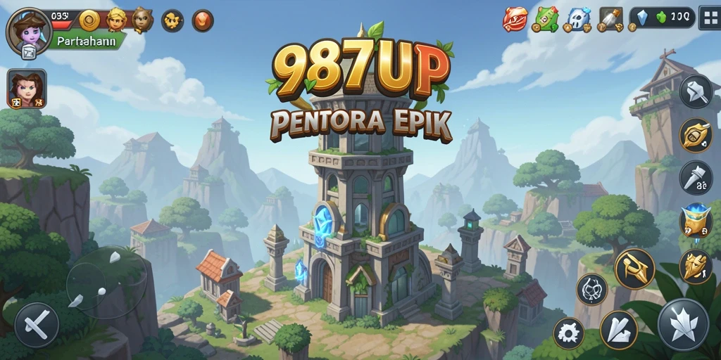 Tampilan gameplay menara pertahanan dalam 987UP yang menarik.