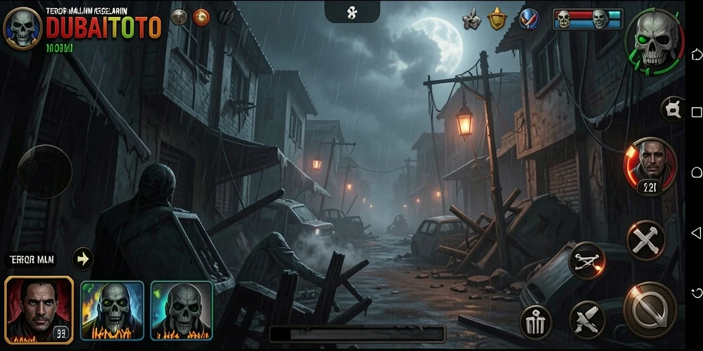 Screenshot gameplay DUBAITOTO menampilkan suasana horor yang menegangkan.