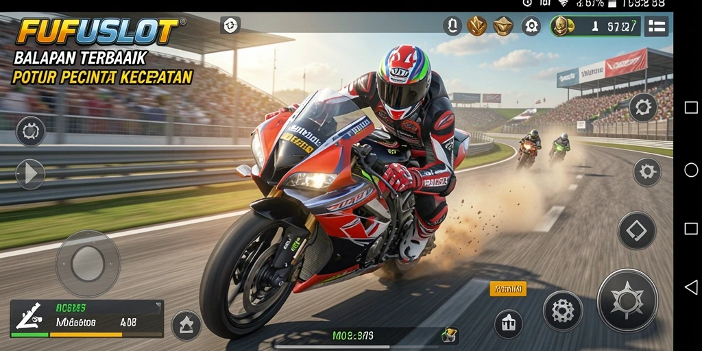 Tangkapan layar FUFUSLOT menampilkan aksi balapan motor yang mendebarkan.