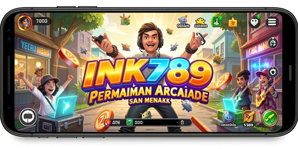 Tangkapan layar INK789 menampilkan gameplay Arcade yang penuh warna.