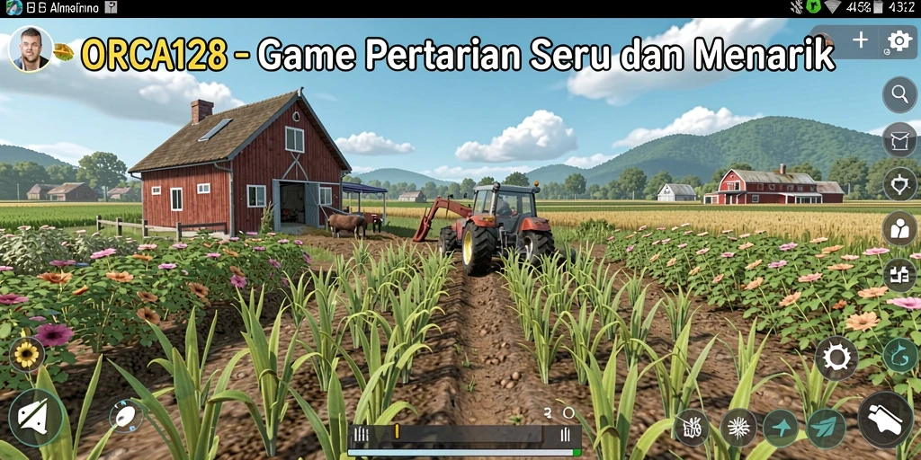 Tampilan gameplay <strong>ORCA128</strong> menunjukkan ladang yang indah dan beragam tanaman.