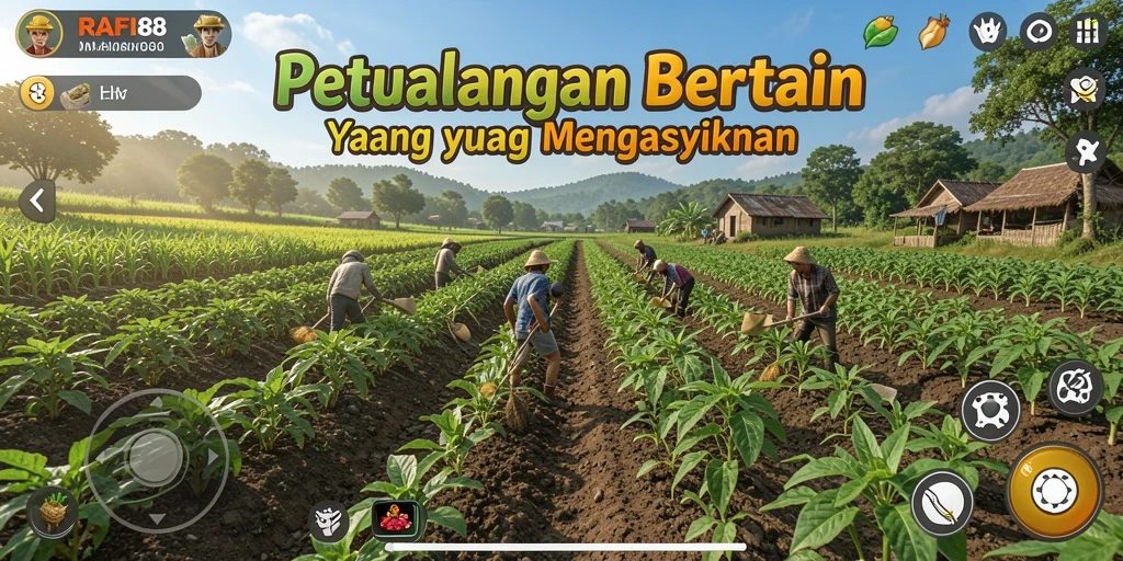 Screenshot gameplay RAFI88 menampilkan suasana pertanian yang cerah dan penuh aktivitas.