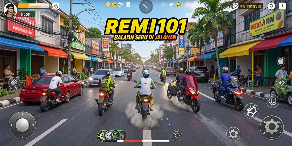 Screenshot utama REMI101 menunjukkan aksi balap yang mendebarkan di trek.