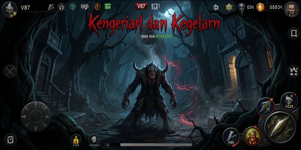 Tampilan menegangkan gameplay V87 dalam suasana horor.